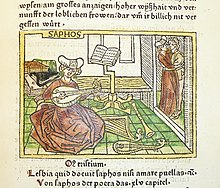 A seated woman playing a lute; more instruments are on the floor and there is a pile of books behind her