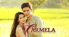 An image of Marian Rivera and Alden Richards, leaning on each other, with green fields on the background. The series title is displayed on the lower side of the image.