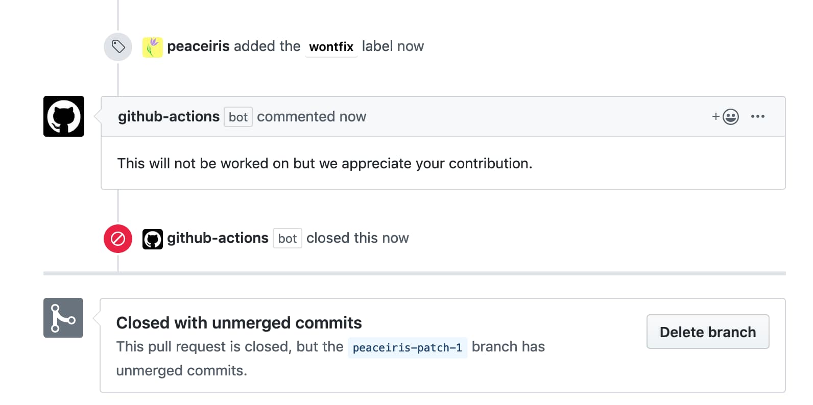 Comment and Close Wontfix Issue or Pull Request - peaceiris/actions-label-commenter GitHub Action