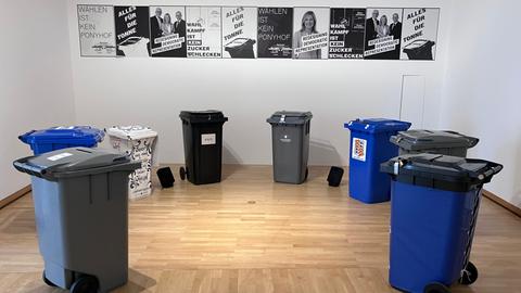 Acht Mülltonnen vor Wahlplakaten