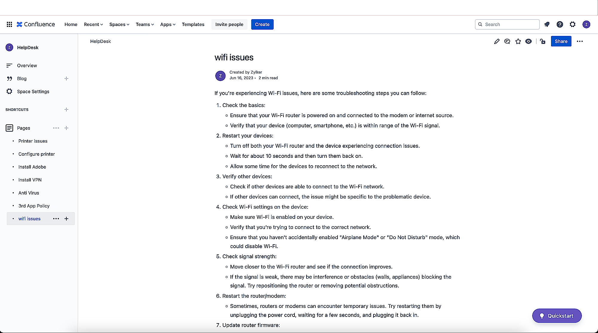 Template of Confluence knowledge base article Confluence knowledge base article template