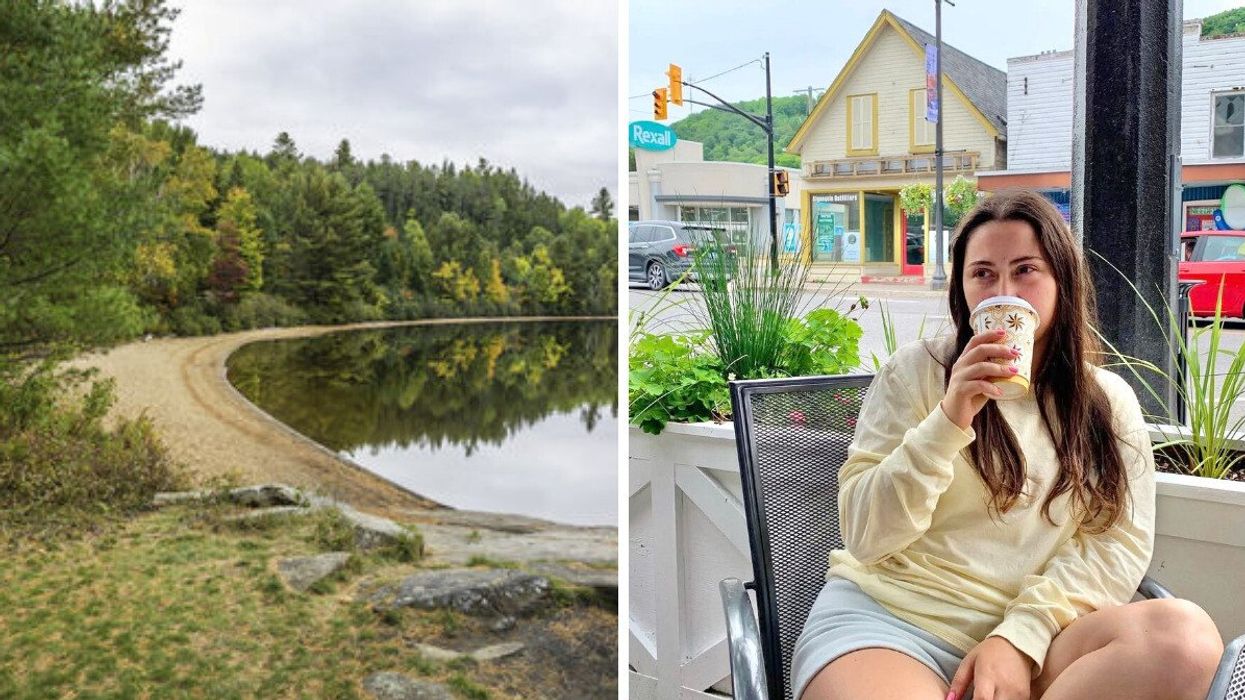 A sandy beach surrounded by trees. Right: A person sitting on a patio with a coffee.