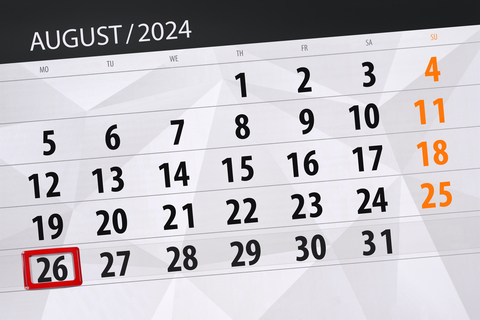 Top view glance of calendar showing August 2024